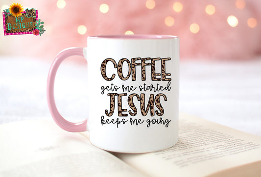 COFFEE GETS ME STARTED PINK/WHITE COFFEE MUG