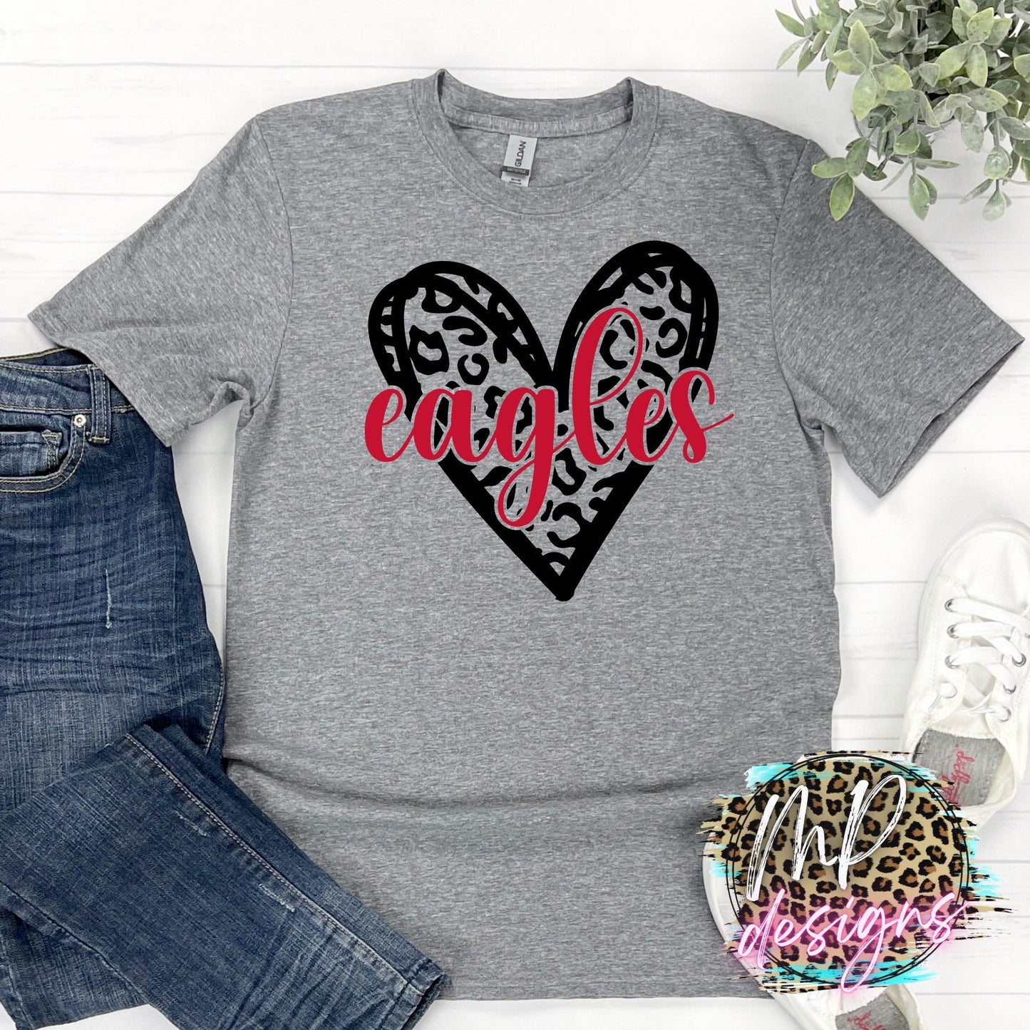 EAGLES RED LEOPARD HEART T-SHIRT